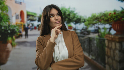 Obraz premium Young woman standing on a vibrant city street wearing brown jacket with thoughtful expression outdoor urban setting background foliage.