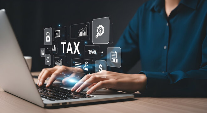 Human hands engage with a modern laptop, processing financial data and tax information through an innovative digital overlay.