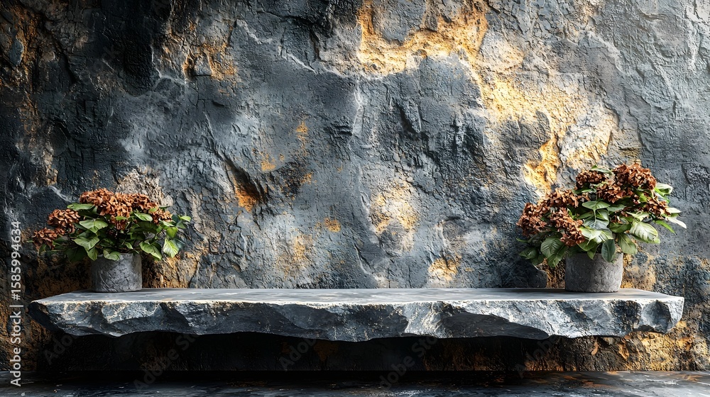 Poster an empty stone table against a textured concrete wall a modern minimalist display long title a simpl