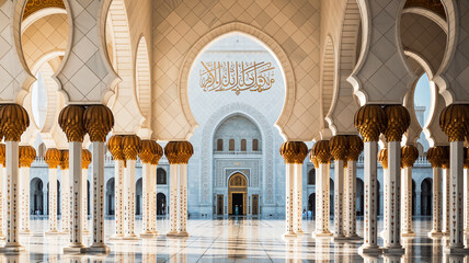 A symmetrical architectural photograph of the interior of a grand mosque with white marble columns and arched walkways