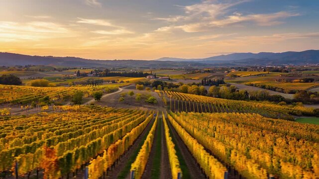 Timelapse of sunset fading over a vineyard in Tuscany, Italy