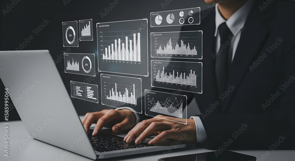 Poster executive leveraging advanced digital interfaces to interpret complex business analytics