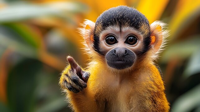 Curious monkey pointing at an exclamation mark