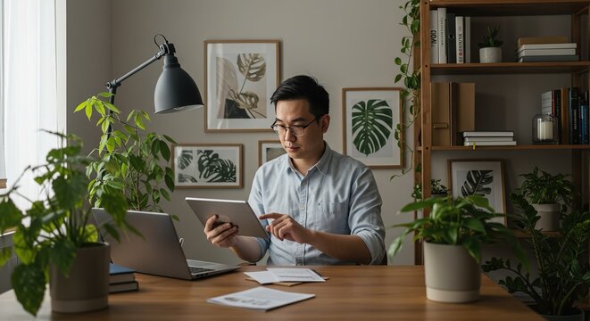 Asian man works from home with tablet in a modern workspace filled with plants offering a sense of calm - Powered by Adobe