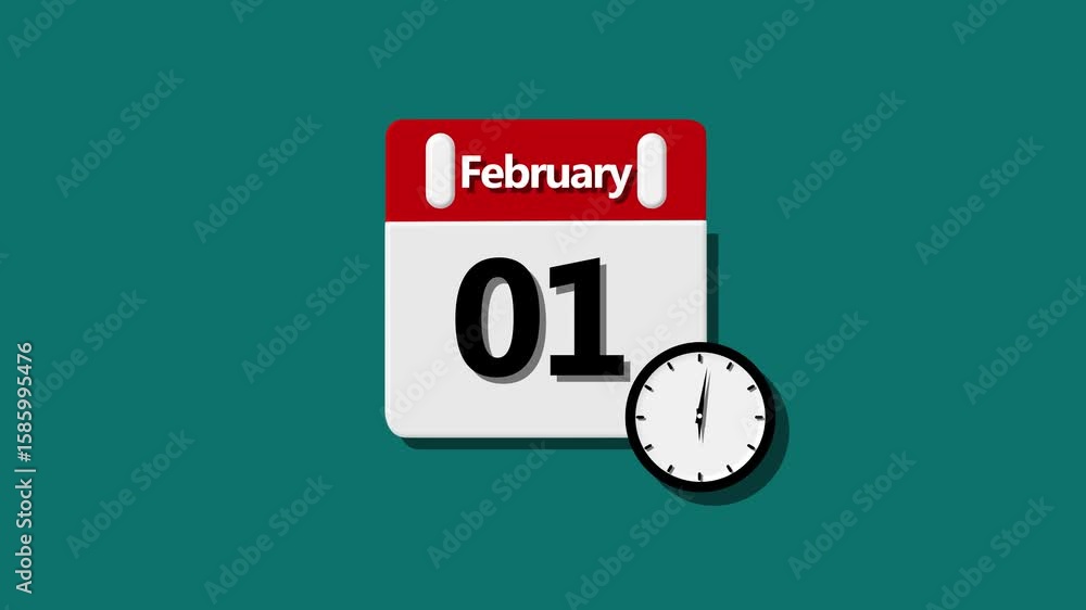 Poster february month 01 date calendar icon clock magenta red color animation . analog calendar design icon
