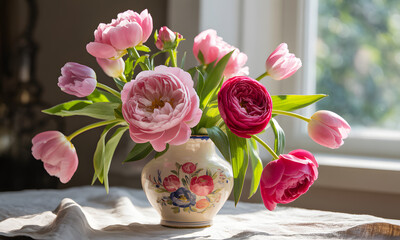 Obraz premium Pink and red flowers in vase