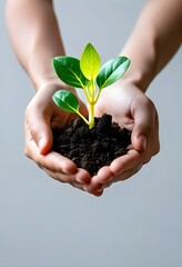Hands holding a small plant sprouting from soil, symbolizing growth and nurturing.