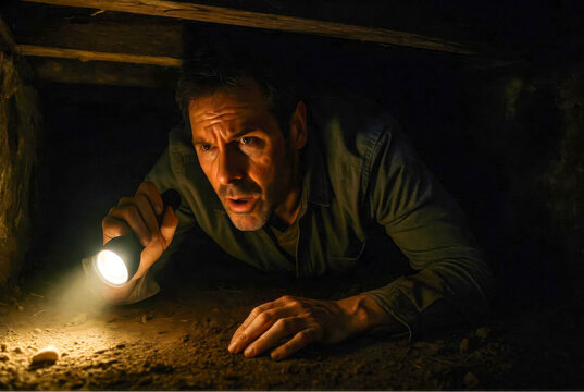 Tense man crawling through a dark crawlspace with a flashlight, searching with caution and alertness