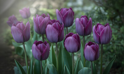 Fototapeta premium Purple tulips close up garden