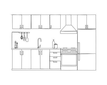 Continuous one line drawing of a kitchen interior. Vector illustration 