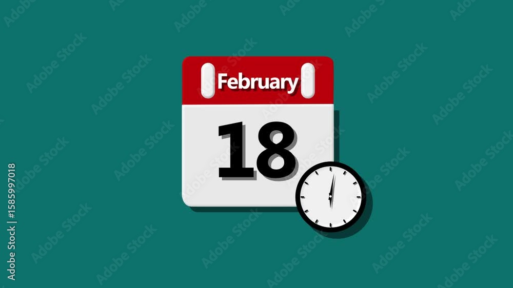 Poster february month 18 date calendar icon clock .animated calendar showing february 15th with a clock on 