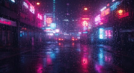 Fototapeta premium Neon lights reflect on a rainy city street, capturing a vivid urban scene with vibrant colors and mesmerizing reflections