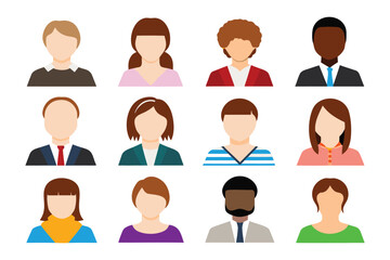 Diverse Portraits: A set of vector icons, showcasing various faces and appearances, each representing unique individuals and promoting diversity and inclusion.