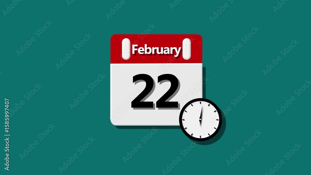 Poster february month 22 date calendar icon clock magenta red color animation . 22 february date calendar i