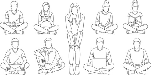 Diverse group of young people sitting cross-legged or standing casually, engaged in various activities like reading, using laptops, and mobile phones, showcasing modern focus and relaxatio