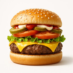 Classic Cheeseburger with Lettuce, Tomato, and Cheese on White Background in Studio Lighting