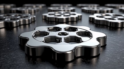 Macro shot of metal gears on dark textured surface

