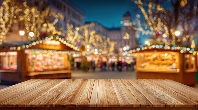 Wooden tabletop with a blurred festive outdoor market scene, glowing lights, and people in the evening
