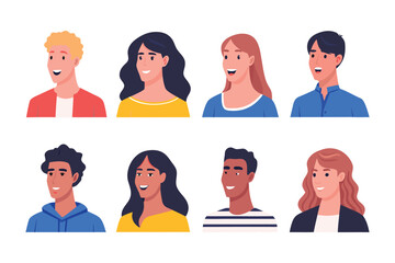 Diverse Perspectives: A vibrant collection of eight unique portraits showcases a spectrum of individuals, embodying diversity and unity through a set of flat illustrations.