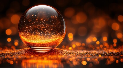 Glass orb with golden sparkles on shimmering orange sand

