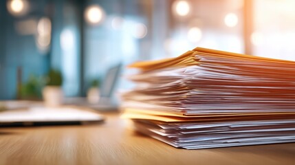 A stack of paper documents and folders sits on a wooden desk in a bright, modern office environment