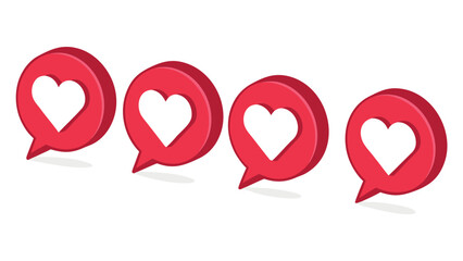 Four red social media like notification icons with white hearts on a white background