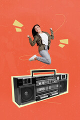 Creative image collage of person stand on big huge boom box over pastel color background