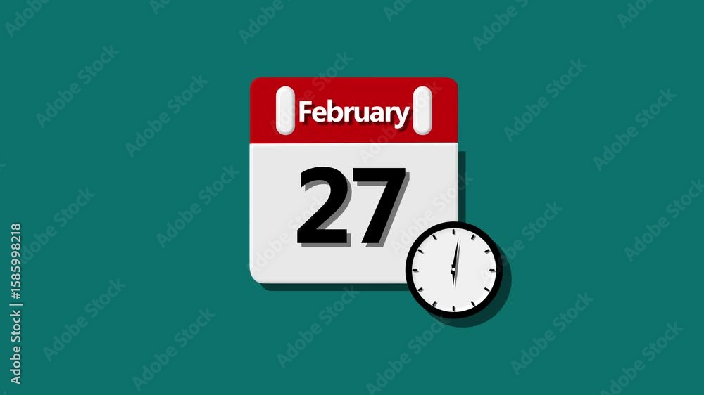 Poster february month 27 date calendar icon clock magenta red color animation .simple calendar with month c