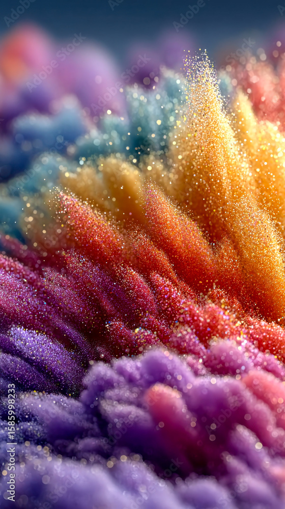 Poster a vibrant burst of multicolored glitter particles exploding outward in a dazzling, energetic display