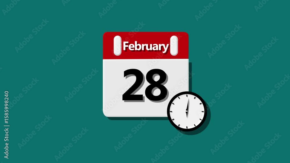 Poster february month 28 date calendar icon clock magenta red color animation . calendar design icon concep