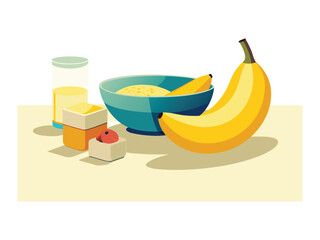 Healthy breakfast of oatmeal banana juice and berries isolated on white background
