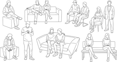 Diverse group of people, casual clothing, sitting and standing, social gathering illustration, line art style, modern minimalist design, black and white, lifestyle concept, interaction scene