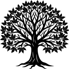 Fototapeta premium Black silhouette of a large leafy tree with visible roots