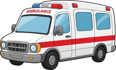 Cartoon ambulance with red stripe and flashing lights, emergency medical transport illustration, healthcare service vehicle, hospital aid, isolated vector