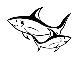 Obraz premium Stylized black and white drawing of two friendly sharks swimming together isolated on white background 