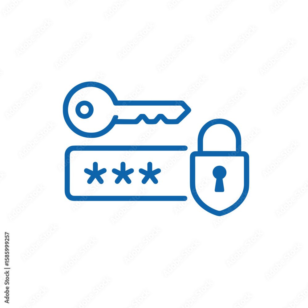 Poster lock and key symbol with password field in blue line style