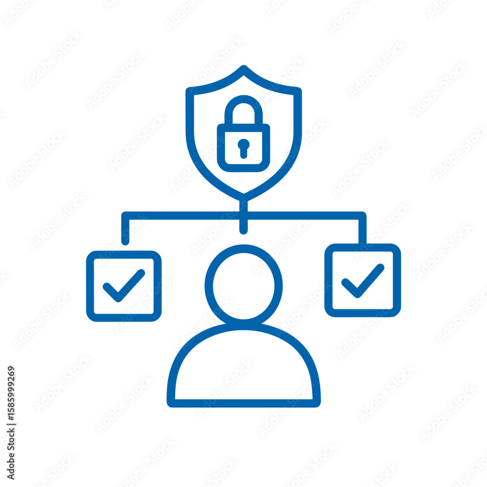 Poster icon of work and protection with user and security shield