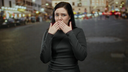 Brunette woman expressing concern on crowded street with urban lights and blurred background...