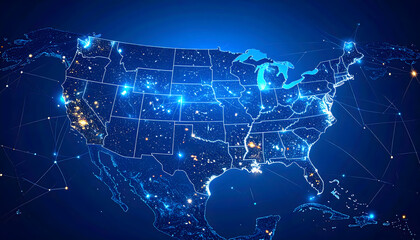 Glowing Blue Map of the United States at Night