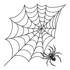 Minimalist black and white spiderweb with a detailed spider illustration occupying the bottom right corner for a sleek and modern design