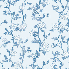 Floral Blue Chinoiserie. Toile De Jouy Vintage Seamless Pattern 07 Elegant Vector Graphics.