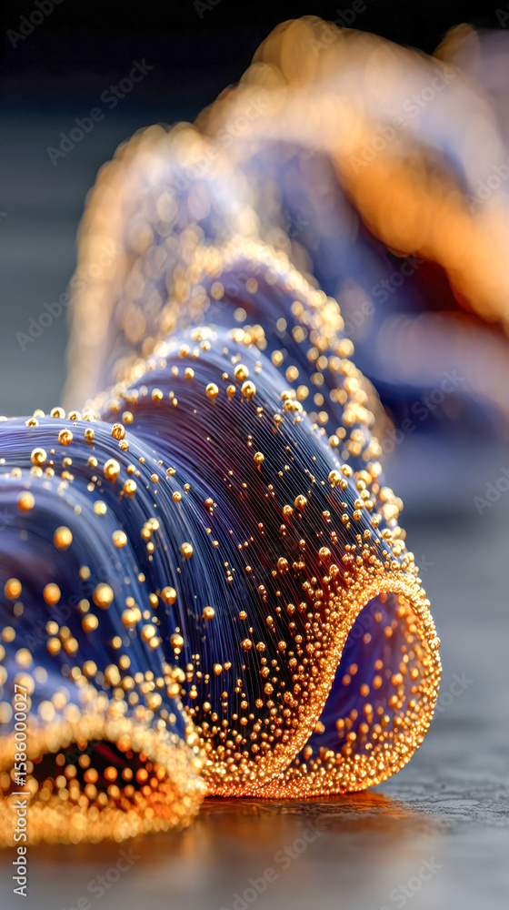 Aufkleber flowing digital fabric with glowing particles in orange and violet hues, creating an ethereal wave-l