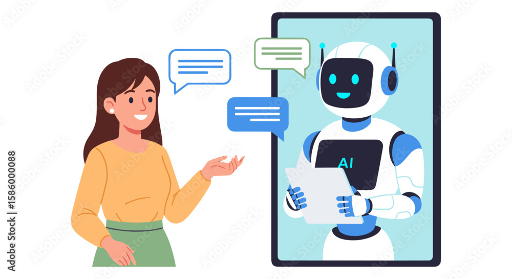 Poster a woman interacts with an ai chatbot on a digital screen, exchanging messages and information in a m