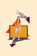 Creative trend collage of person stand on netbook with hand gesture color background