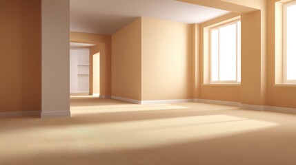 Fototapeta premium Spacious empty room with soft natural light, beige walls, and large windows creating a warm, inviting atmosphere