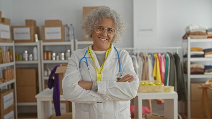 Woman wearing white lab coat with stethoscope and volunteer badge stands confidently in a donation...