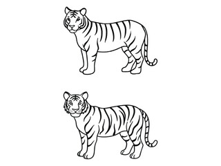 Two stylized black outline tigers standing facing forward isolated on white background
