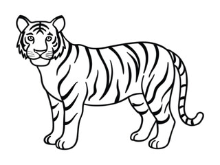 Obraz premium Stylized black and white line art illustration of a tiger standing confidently isolated on white background 