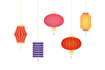 Hanging Chinese lanterns, palace lanterns of different colors, isolated on transparent. Flat vector illustration. Mid Autumn Festival, Lunar New Year design elements collection, holiday clip art set