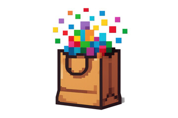 Obraz premium Pixel art shopping bag exploding with colorful pixelated confetti on transparent background